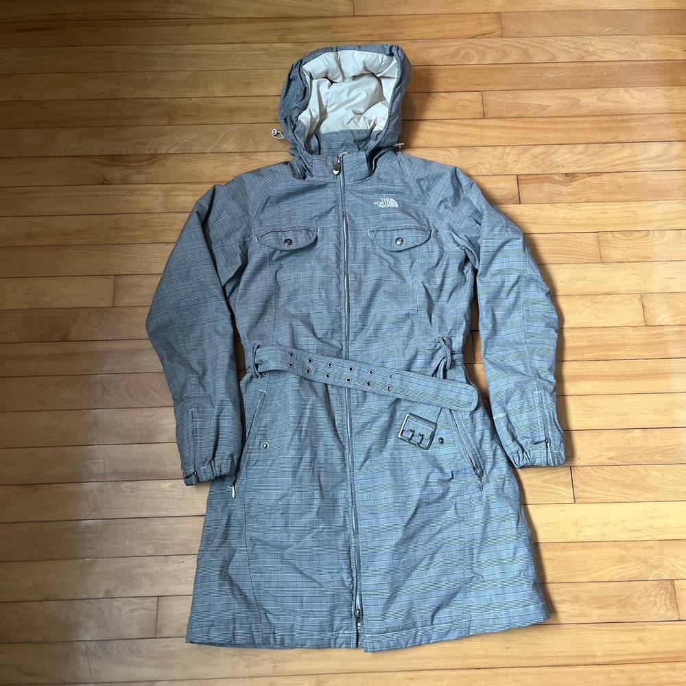 The North Face HyVent Grey Plaid Belted Hooded Trench Coat Jacket Womens Medium